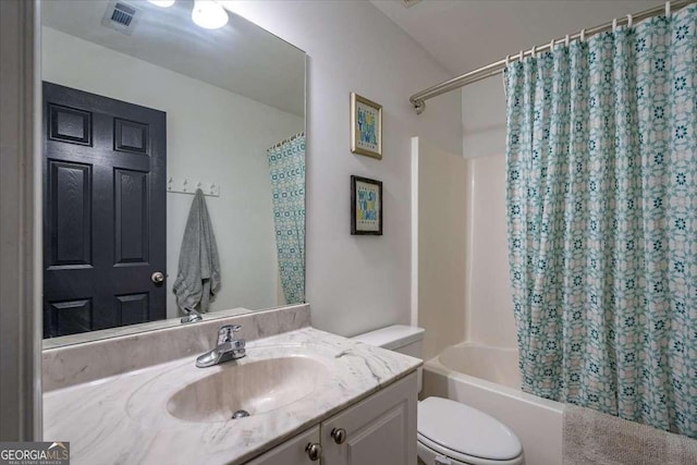 full bathroom with vanity, toilet, and shower / bathtub combination with curtain