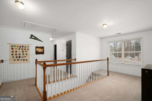 corridor featuring carpet and crown molding