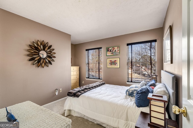 bedroom featuring carpet and a textured ceiling