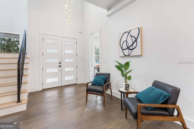 foyer featuring a healthy amount of sunlight, dark hardwood / wood-style floors, a high ceiling, and french doors