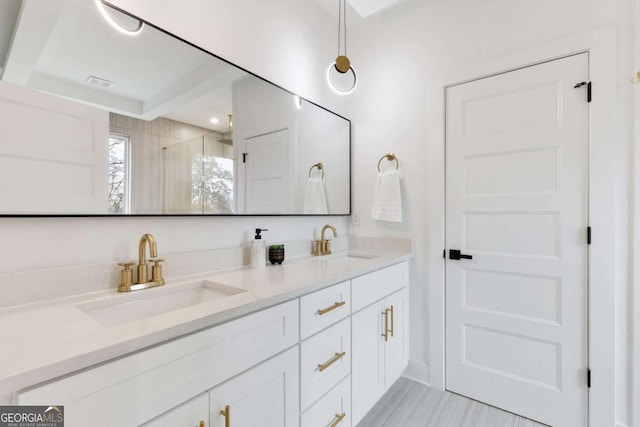 bathroom featuring vanity and a shower with shower door