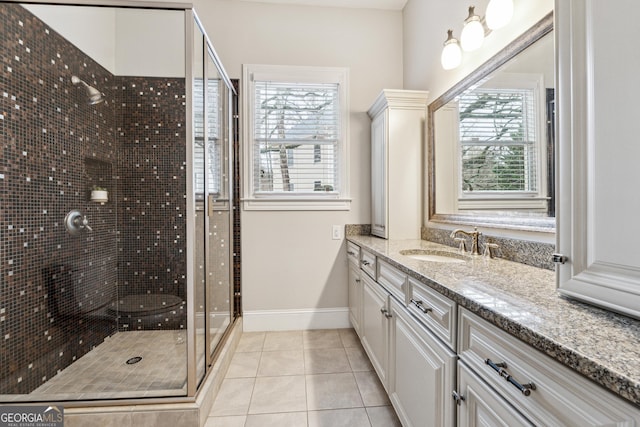 bathroom featuring tile patterned flooring, vanity, and a shower with shower door