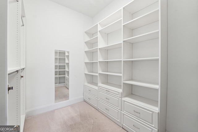 walk in closet with light colored carpet