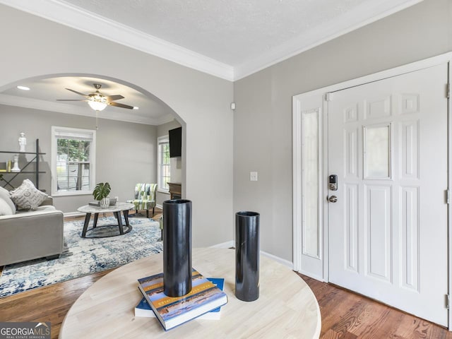 foyer with hardwood / wood-style flooring, ceiling fan, crown molding, and a textured ceiling