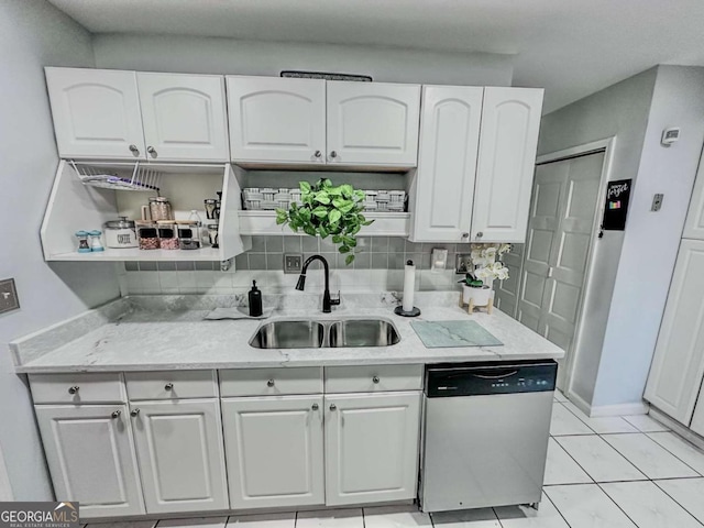 kitchen with sink, backsplash, white cabinets, and dishwasher