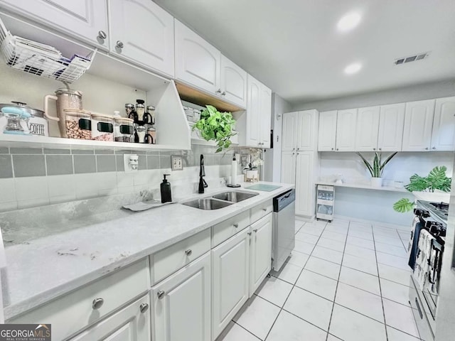 kitchen featuring sink, stainless steel dishwasher, white cabinets, and gas stove