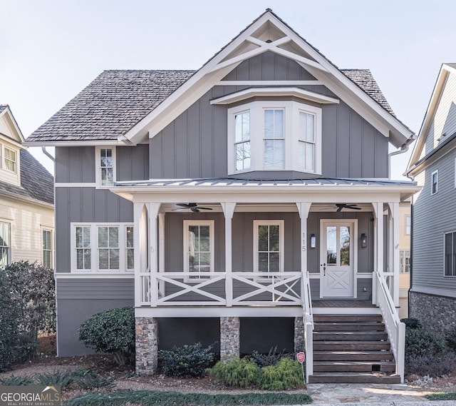 view of front of home with ceiling fan and covered porch