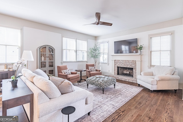 living room with dark hardwood / wood-style flooring, radiator heating unit, a fireplace, and ceiling fan