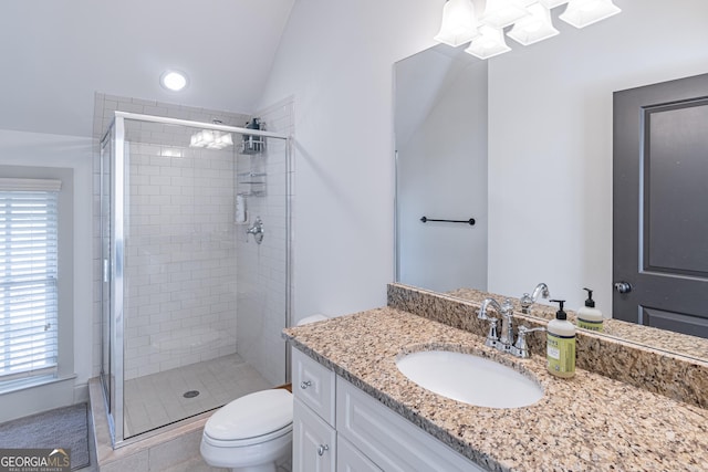 bathroom with vanity, an enclosed shower, lofted ceiling, and toilet