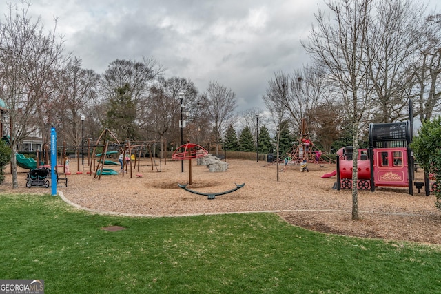 view of jungle gym featuring a yard