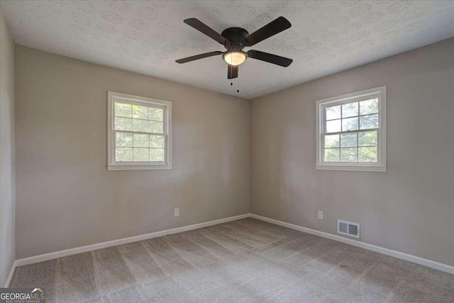 spare room featuring ceiling fan, plenty of natural light, carpet floors, and a textured ceiling