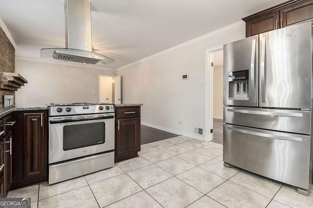 kitchen with stainless steel appliances, island exhaust hood, ornamental molding, and light stone counters