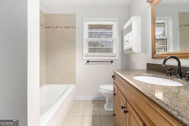 full bathroom featuring vanity, toilet, separate shower and tub, and tile patterned flooring