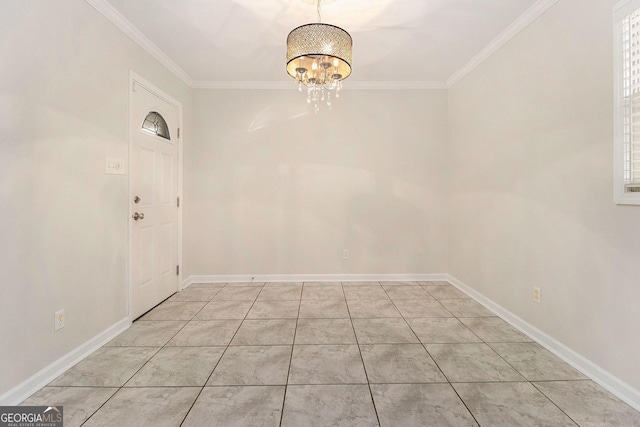 interior space featuring ornamental molding, light tile patterned floors, and a notable chandelier