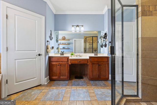 bathroom with vanity, ornamental molding, and a shower with door