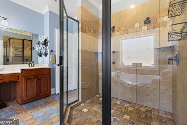 bathroom featuring walk in shower, ornamental molding, and vanity