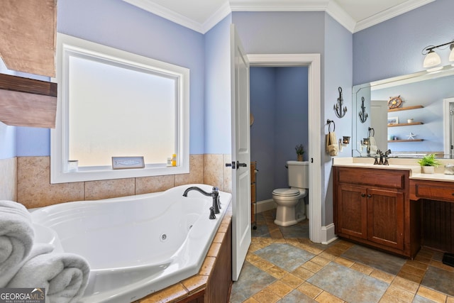 bathroom featuring a tub, toilet, vanity, and ornamental molding