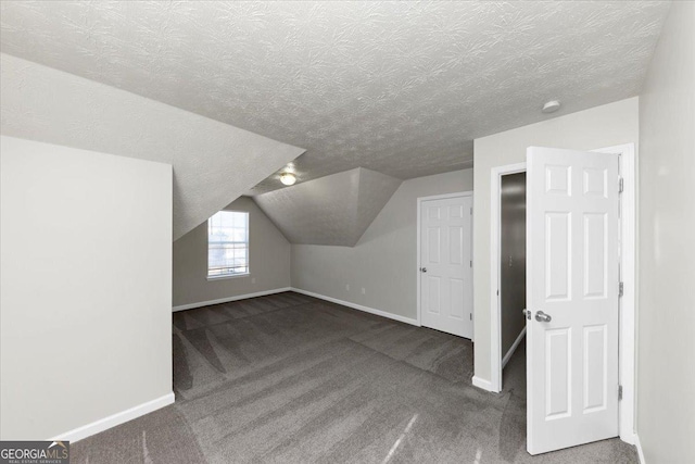 additional living space featuring dark colored carpet, a textured ceiling, and lofted ceiling