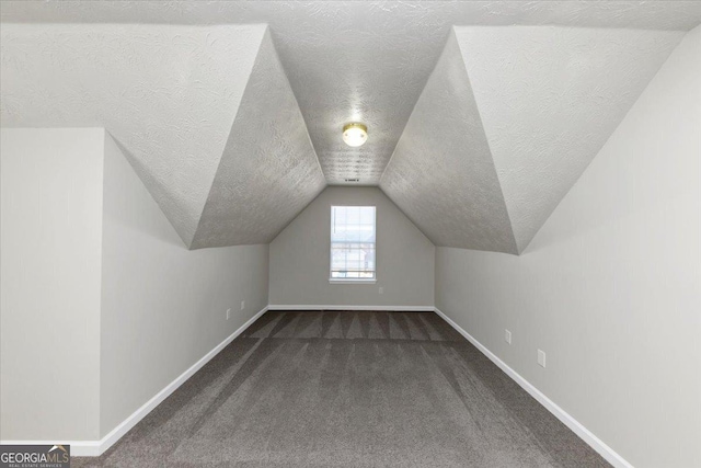 additional living space featuring a textured ceiling, carpet flooring, and vaulted ceiling