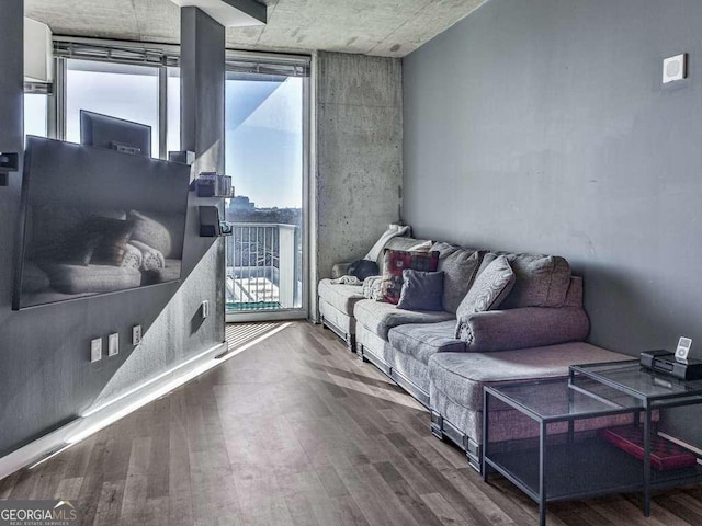 living room with dark hardwood / wood-style floors