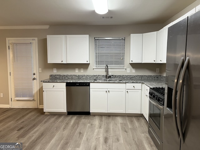 kitchen featuring sink, stainless steel appliances, white cabinetry, and dark stone countertops