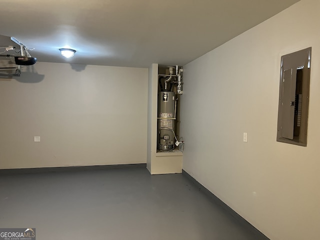 garage featuring a garage door opener, electric panel, and water heater