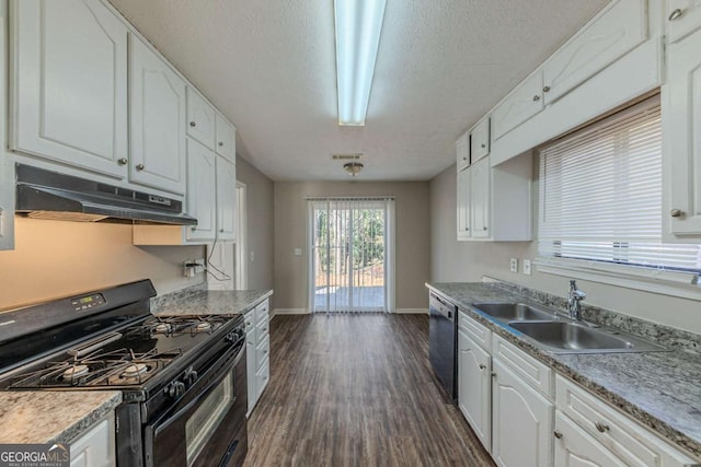 kitchen featuring black appliances, a textured ceiling, white cabinetry, sink, and dark hardwood / wood-style floors