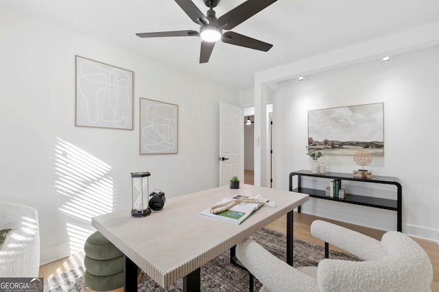 office area featuring ceiling fan and hardwood / wood-style floors