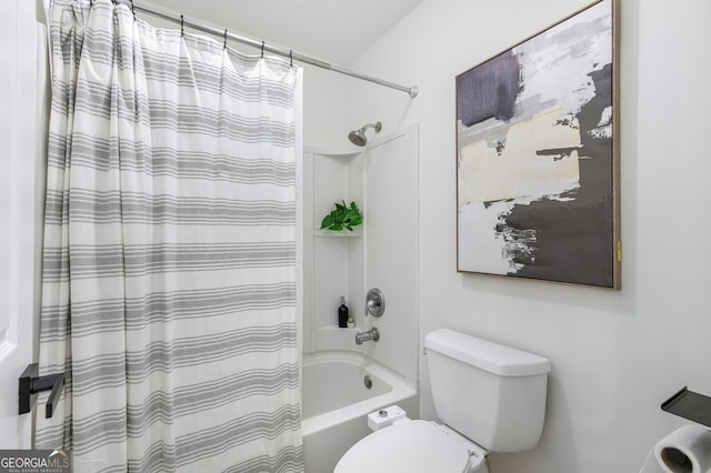 bathroom with toilet and shower / tub combo with curtain