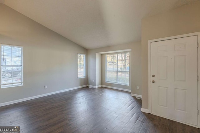 foyer featuring a wealth of natural light, dark hardwood / wood-style floors, and lofted ceiling