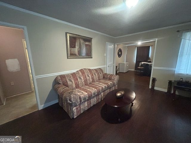 living room with crown molding, a textured ceiling, and dark hardwood / wood-style flooring