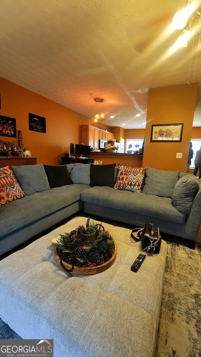 living room featuring a textured ceiling