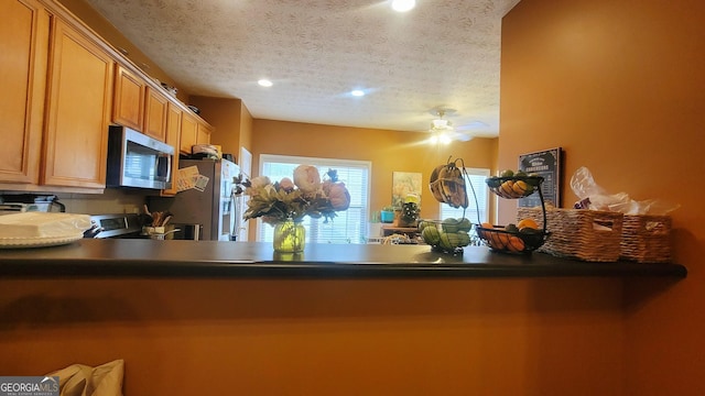 kitchen with ceiling fan, a textured ceiling, and appliances with stainless steel finishes