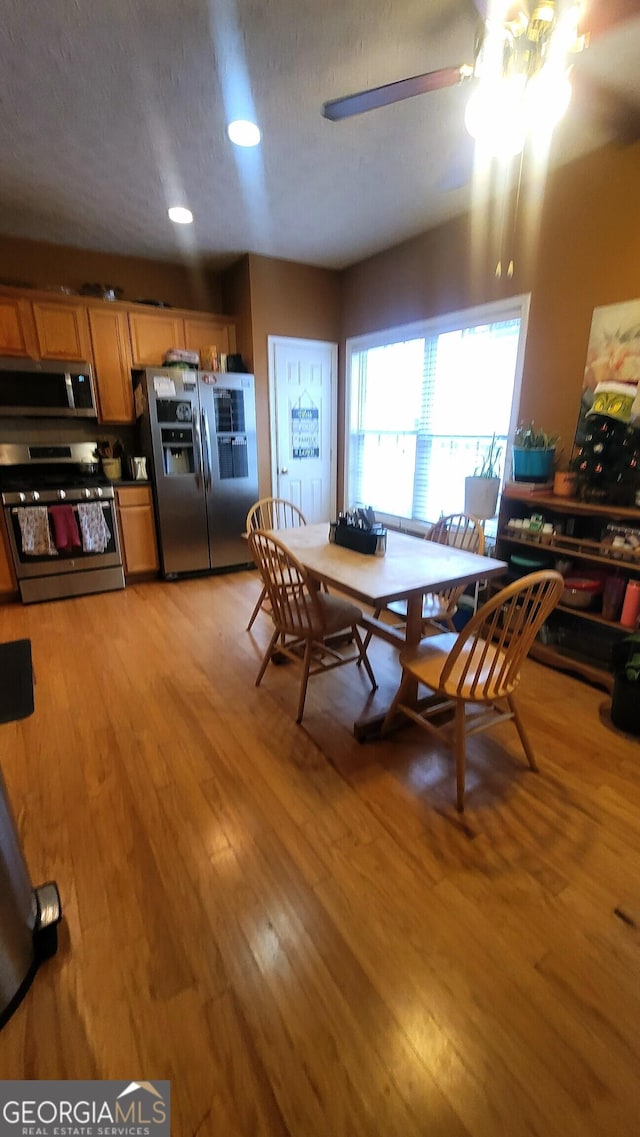 dining room featuring ceiling fan and light hardwood / wood-style flooring