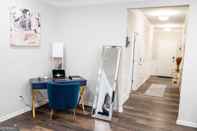 home office featuring ornamental molding and dark hardwood / wood-style floors