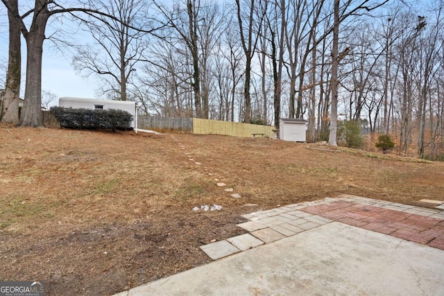 view of yard with a patio area and a storage shed