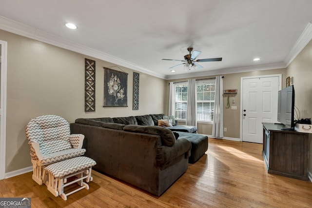 living room with ceiling fan, ornamental molding, and light hardwood / wood-style floors