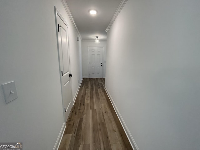 hallway with wood-type flooring and ornamental molding