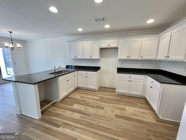 kitchen featuring dark countertops, white cabinets, a sink, and a peninsula