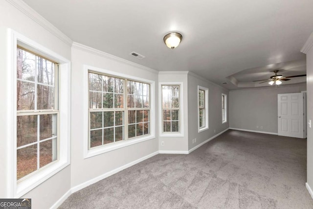 carpeted spare room featuring ceiling fan and crown molding