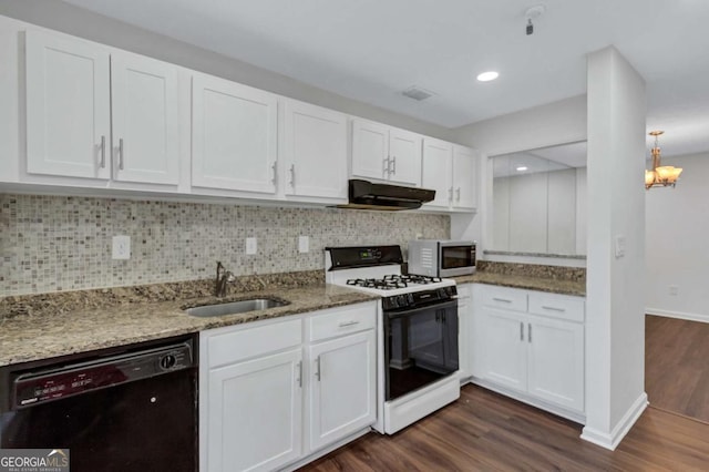 kitchen featuring dishwasher, gas range, sink, white cabinets, and dark wood-type flooring