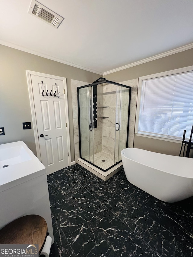 bathroom with vanity, crown molding, and plus walk in shower