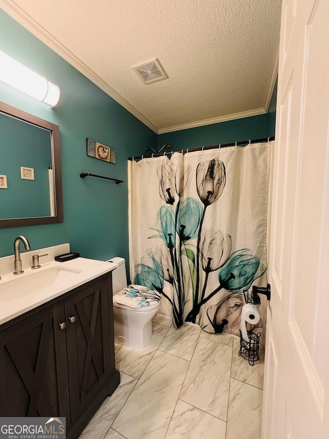 bathroom with toilet, crown molding, a textured ceiling, vanity, and a shower with curtain