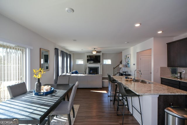 dining area with ceiling fan, sink, and dark hardwood / wood-style flooring