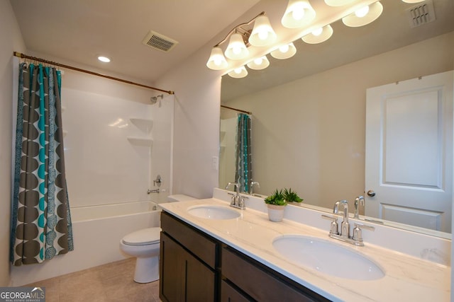 full bathroom with tile patterned flooring, vanity, shower / bathtub combination with curtain, and toilet