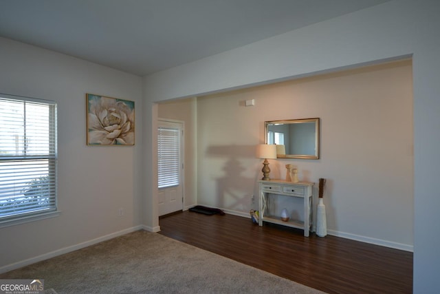 entryway with dark colored carpet