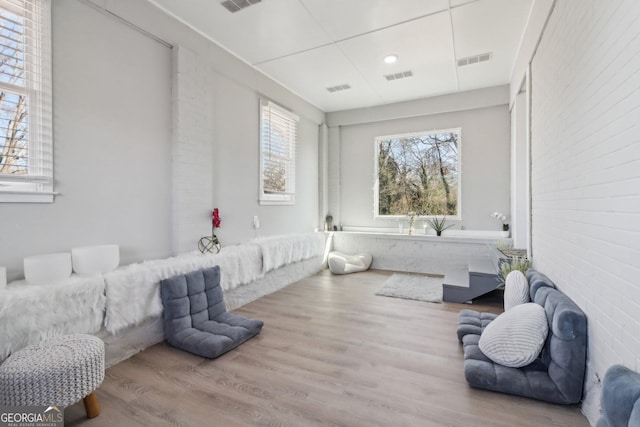 interior space featuring a healthy amount of sunlight, light hardwood / wood-style flooring, and brick wall