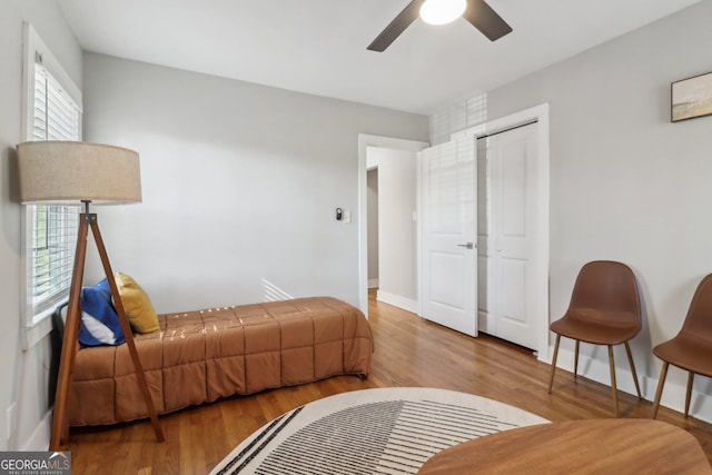 bedroom featuring ceiling fan, hardwood / wood-style flooring, and a closet