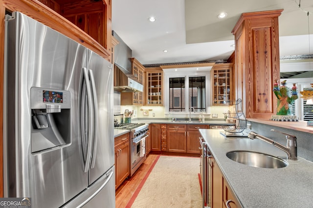 kitchen featuring appliances with stainless steel finishes, sink, wall chimney range hood, and light wood-type flooring