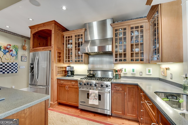 kitchen with wall chimney range hood, light hardwood / wood-style flooring, sink, and appliances with stainless steel finishes